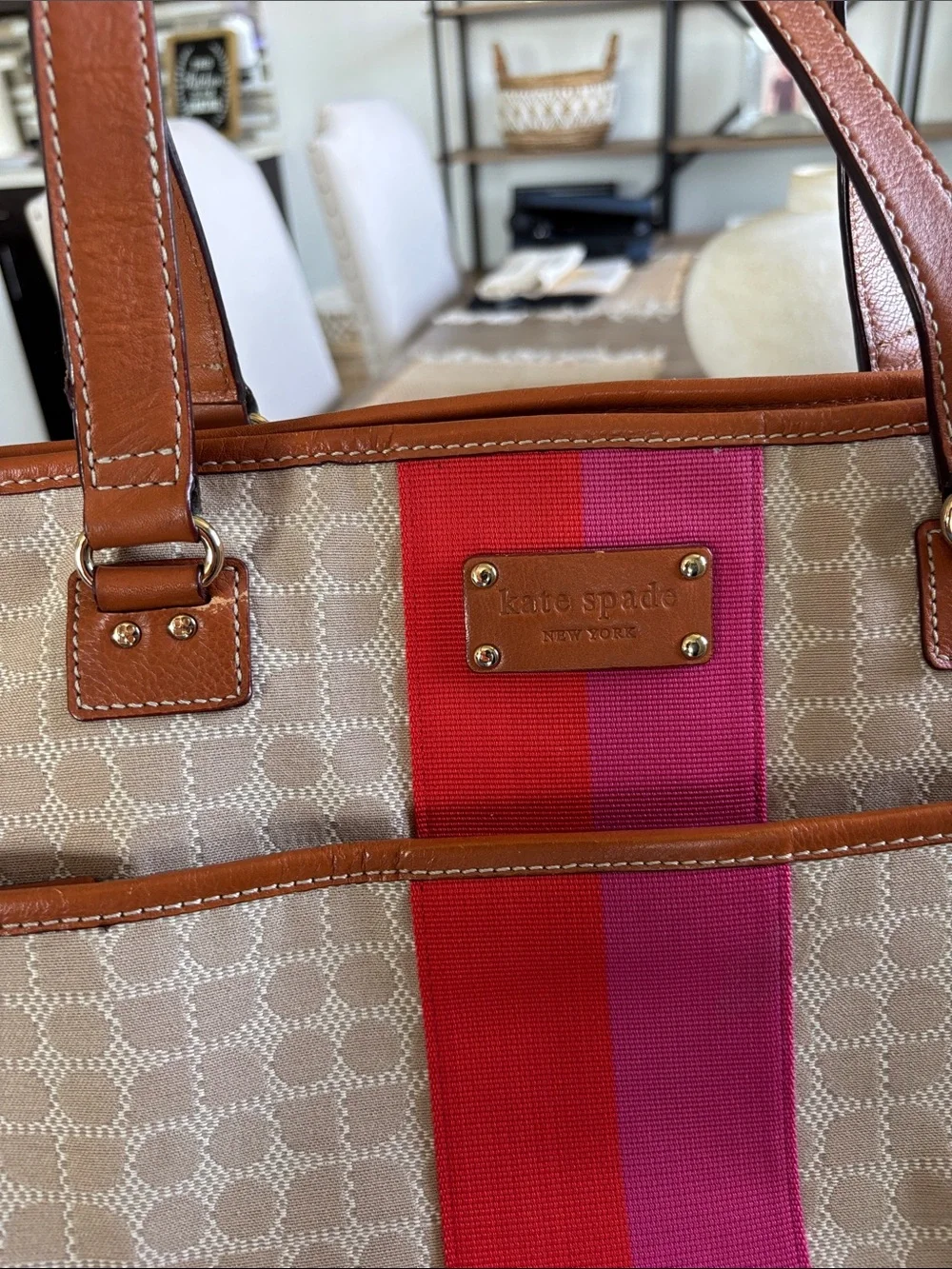 kate spade Beige Monogram Travel Tote with Pink and Red Stripe